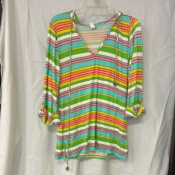 Trina Turk Green and Orange Tie Front Tunic - Picture 1 of 5